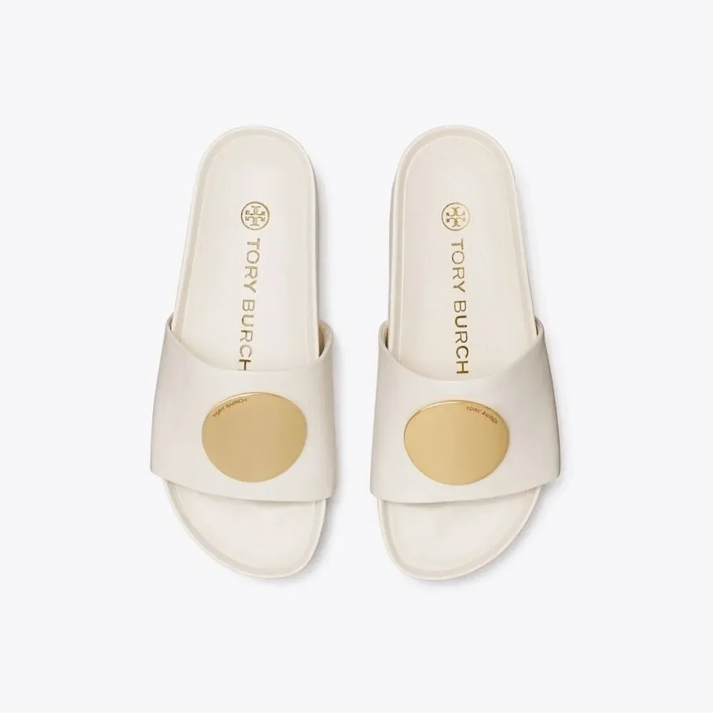 Tory Burch Patos Chunky White Napa Leather Gold Slides Size 9 1/2
